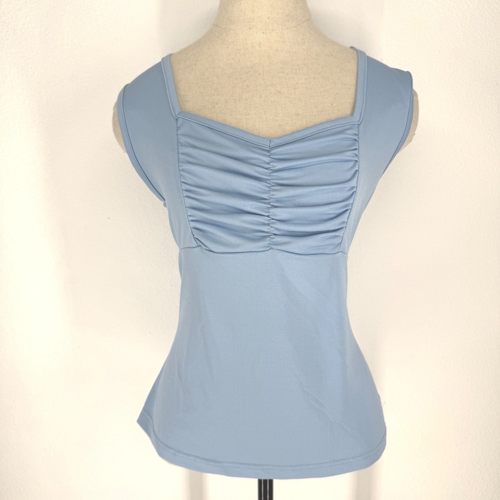 Vintage Y2K Stretch Pastel Blue Ruched Sweetheart Top Large Fairy Ruched Regency
